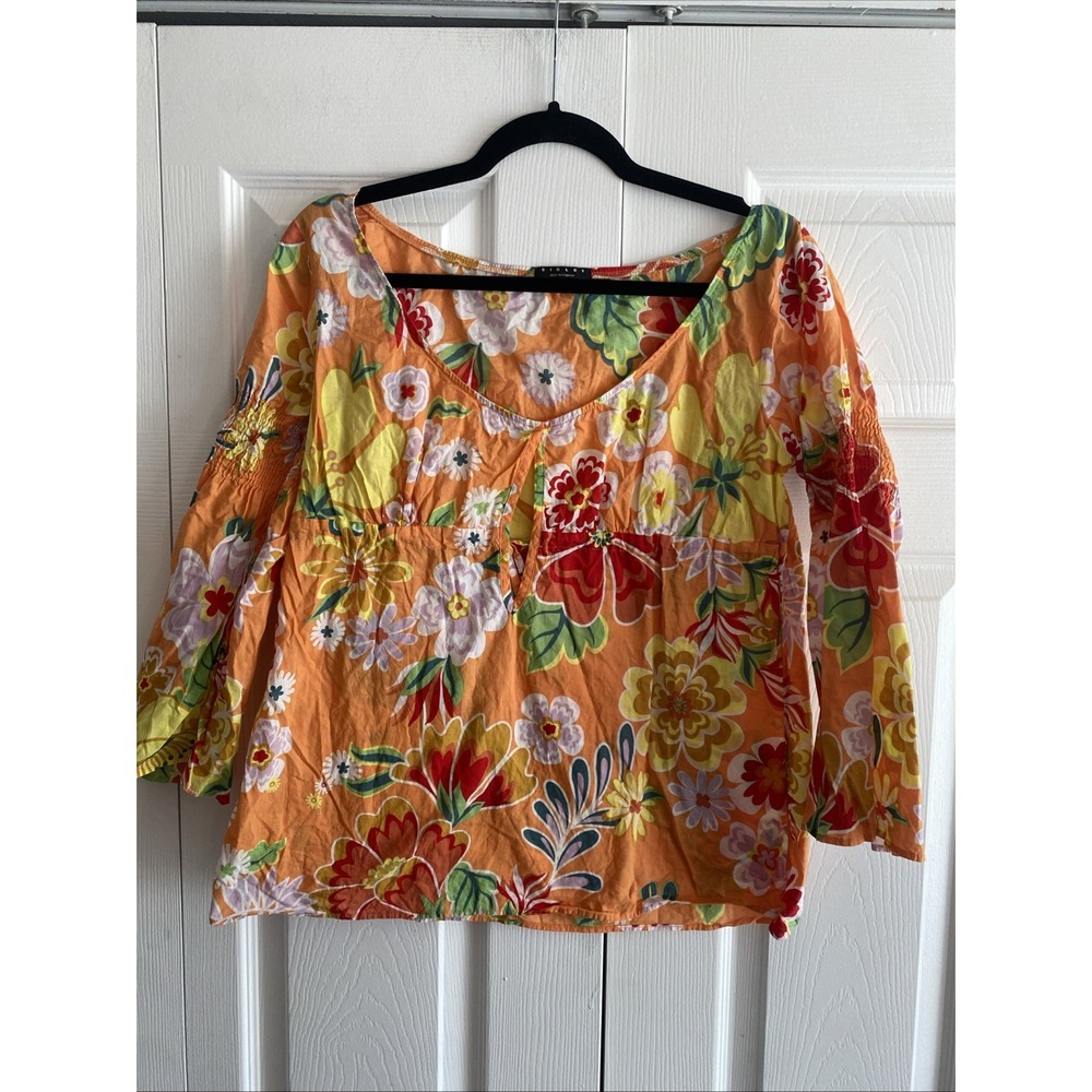 Sisley Floral Empire Waist Bell Sleeve Womens Size M Orange Boho Cotton Blouse